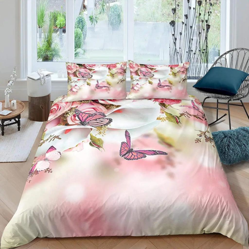 Rose Flowers Duvet Cover Set Butterfly Garden Bedding Sets Girls Women Floral Fresh Nature Blooming Rose Comforter Cover 3 Pcs