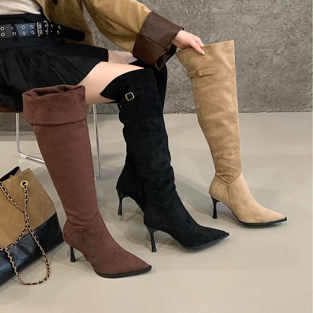 Pointed High-heeled Piled Boots 2025 Autumn and Winter New Retro Suede Thin Over the Knee Two Wear Knight Boots Women