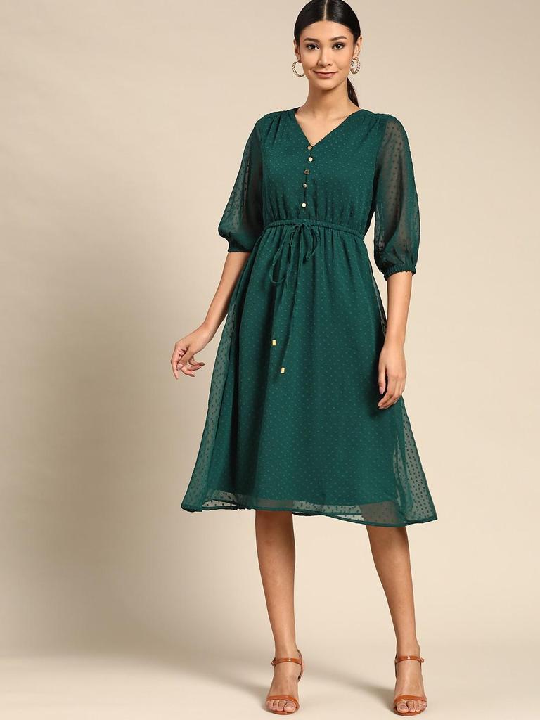 Bottle Green Dobby Weave A- Line Dress