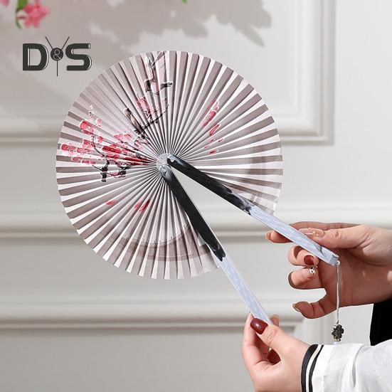 Runder Faltfächer im chinesischen Stil mit Quasten, Blumenmuster, Handfächer aus Papier, tragbarer Sommer-Handfächer, Tanzaufführung, Foto-Requisiten, Dekoration
