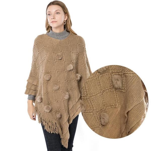 Causal Fashion Women Knitted Batwing Cape Tassels Poncho Cloak Ladies Fur Ball Sweater Outwear