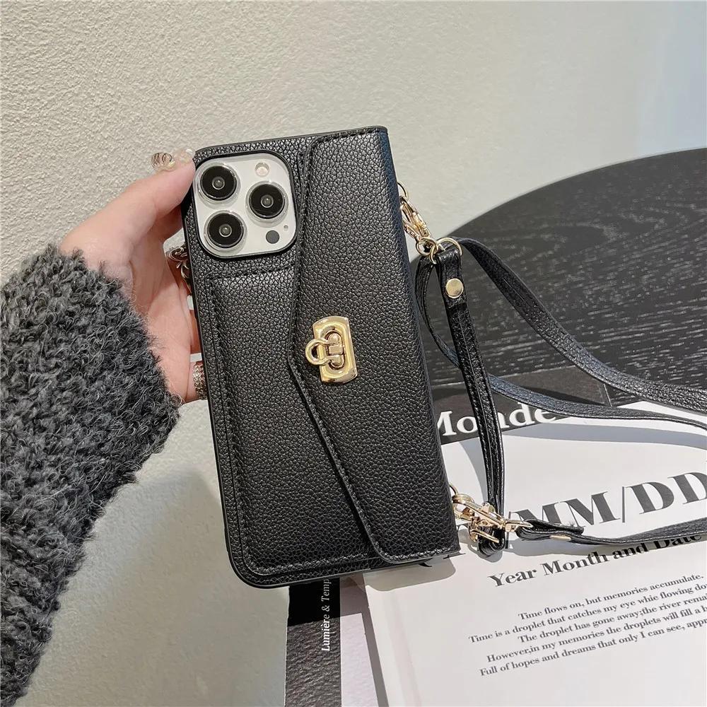 Kožená Luxusní Peněženka Crossbody Pouzdro na Telefon pro IPhone 16 15 14 Plus 11 12 13 Pro Max Přihrádka na Karty Držák Stojánek Dlouhý Lanyard Kryt