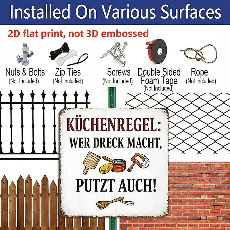 2D Flat, 1pc German Kitchen Rules Metal Sign - Vintage German Text & English Translation Wall Plaque with Utensil Icons, Chef Gift for Home