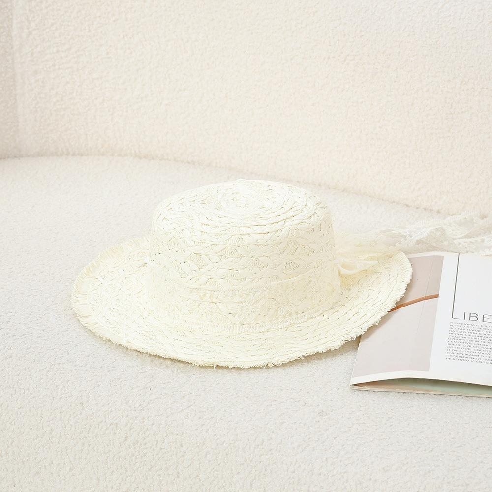 Lace Flower Straw Hat Breathable Material Extended Brim Beach Straw Hat Elegant Style Solid Fringe Lace Straw Hat Summer Cap
