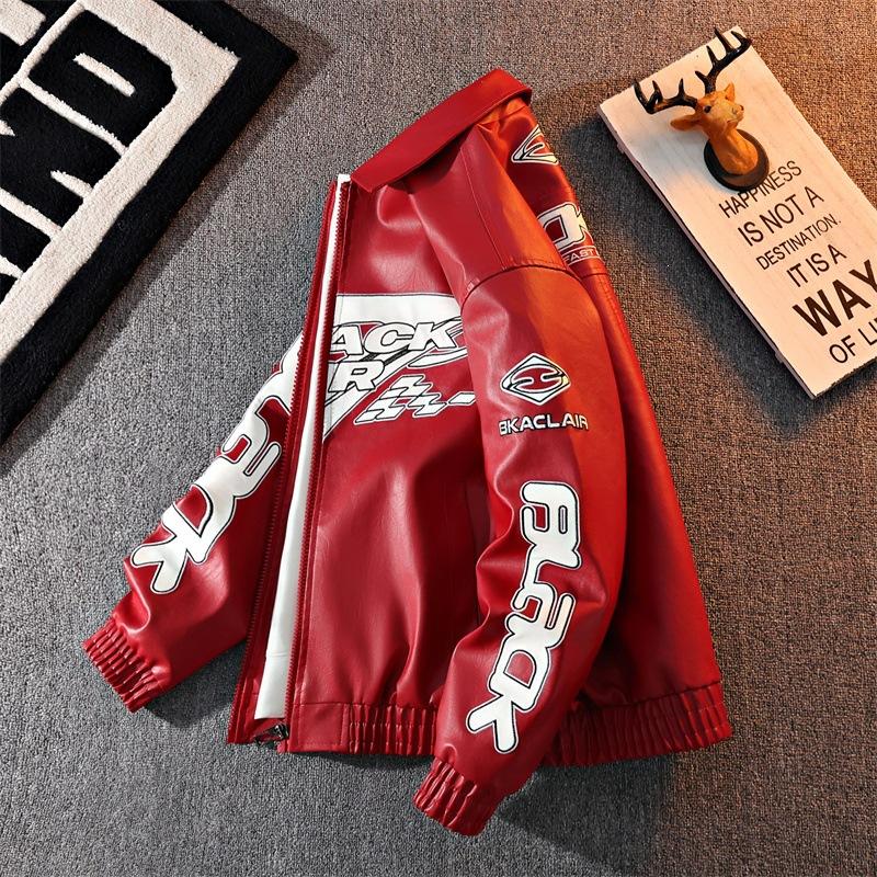 Source men's leather jacket American embroidered stand-up collar jacket men's and women's trendy brand locomotive leather jacket