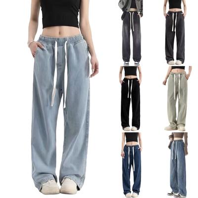 Women's High-Waisted Washed Women's Jeans Fashion All-In-One Elastic-Waisted Straight-Leg Jeans