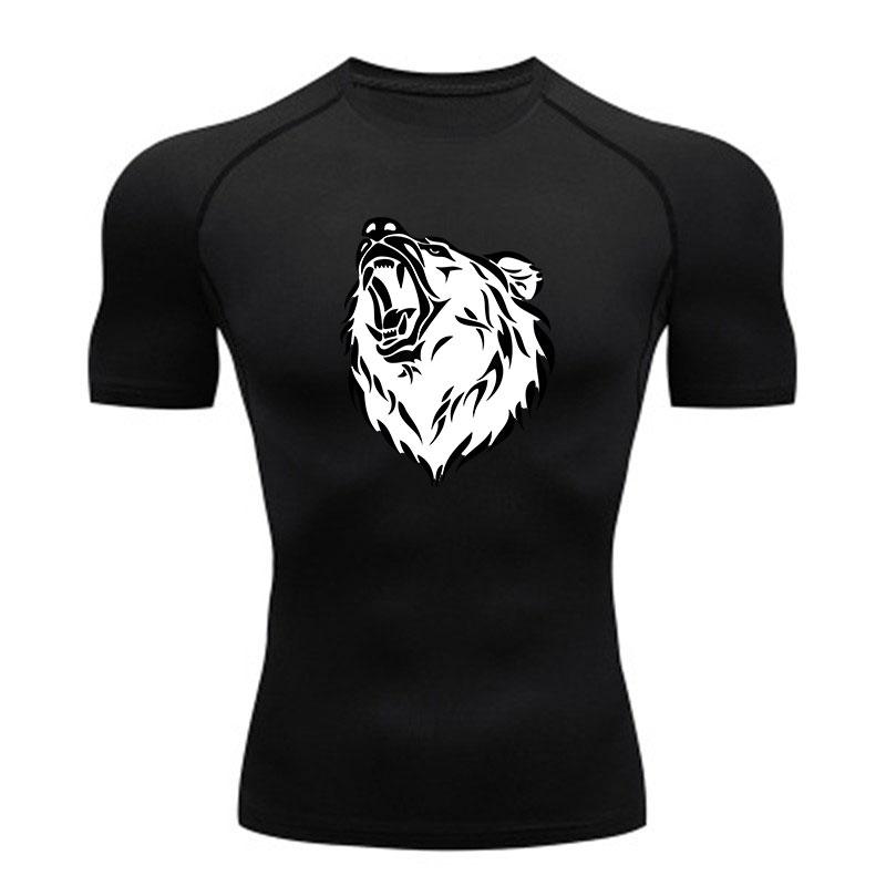 Men's Compression Workout T-Shirt, Roaring Wolf Tribal Print