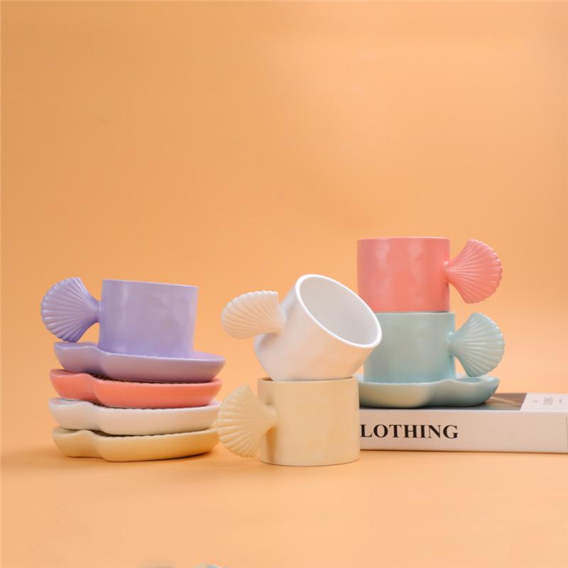 Shell coffee cup saucer ceramic mug Internet celebrity cup ins wind breakfast cup cute chubby ceramic cup