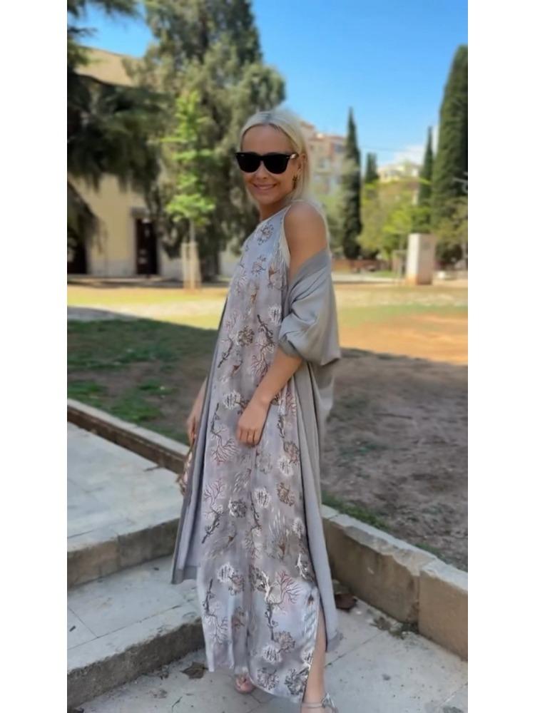Women's Bohemian Floral Print Sleeveless Dress with Matching Long Red Cape