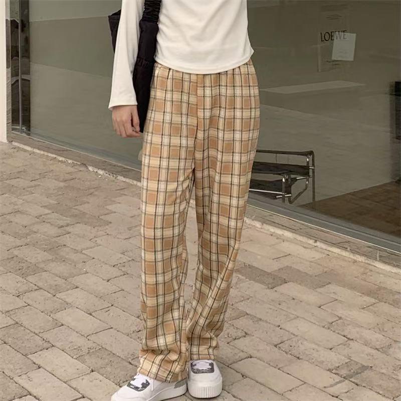 Women's High-Waisted Plaid Wide-Leg Pants - Autumn/Winter Casual Velvet Trousers
