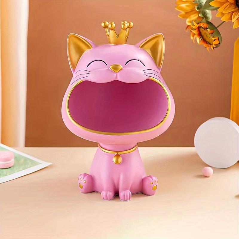 1ks Pryskyřičná soška smějící se kočky se čtyřlístkem, s široce otevřenou tlamou, dekorativní úložný box na klíče, roztomilý stolní organizér, kreativní kočičí figurka pro domácí dekoraci