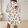 Women Plus Size V Neck Long Sleeve Floral Printed White Loose Curved Hem Dress