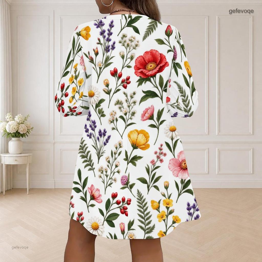Women Plus Size V Neck Long Sleeve Floral Printed White Loose Curved Hem Dress