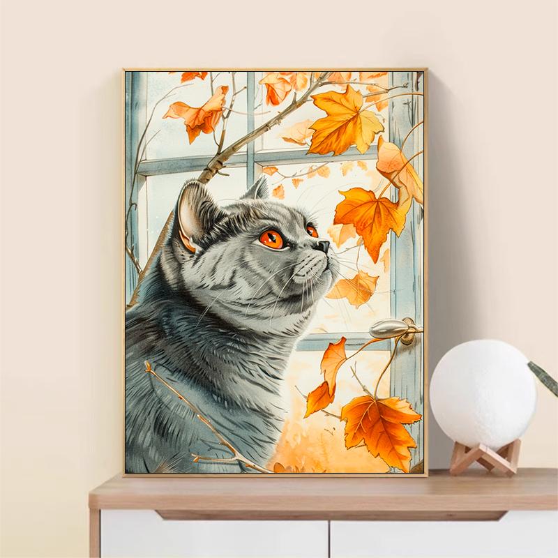 5d DIY Diamond Painting Cross Stitch Cute Cat Diamond Embroidery Mosaic Full Round Drill Maple Leaves Home Decor