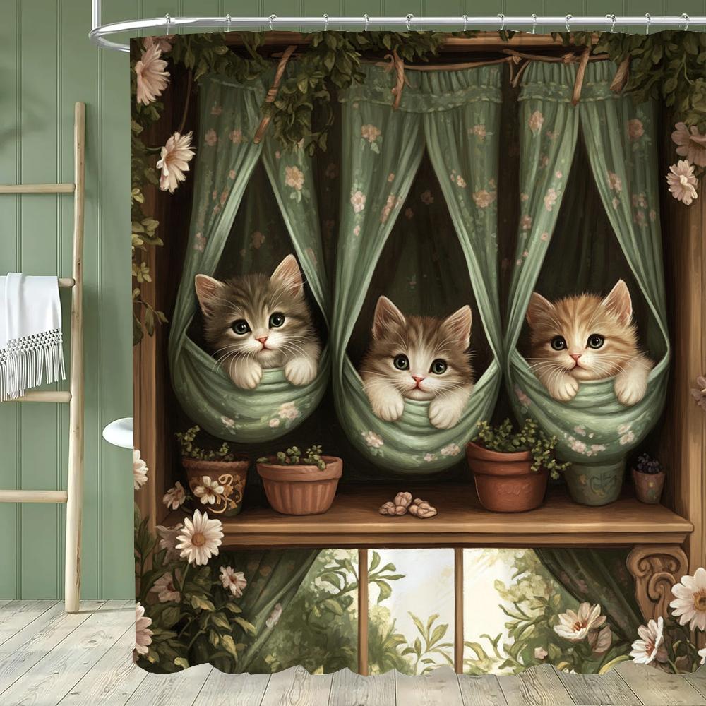1 Piece Cute Cat in Hammock in the Garden Shower Curtain, Bathroom Curtain with Hooks,Printed Polyester Home Decorative Curtain