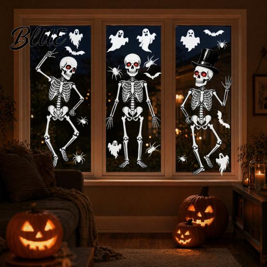 No Residue Window Cling 3Pcs Halloween Skeleton Glass Stickers Waterproof PVC Clings Static Decals Safe Non-toxic Ink Sticker Removable Stickers