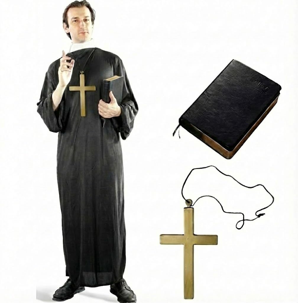 

[Entering Love and Peace] Priest, Pastor, Sister, Mary Costume + Crucifix Necklace + Bible 3-piece Set - Halloween Cosplay Costume Christmas (Priest B