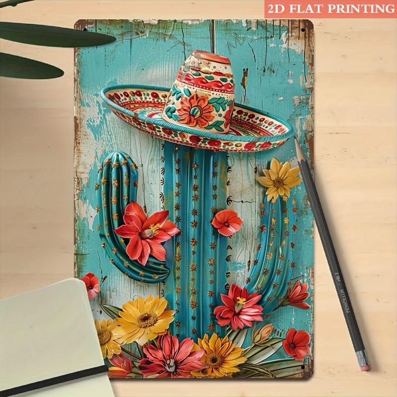 [2D Flat] Vintage Cactus Metal Tin Sign with Sombrero - Rustic Teal Blue Wall Art, 20.32x30.48 Cm, Colorful Floral Design, Indoo