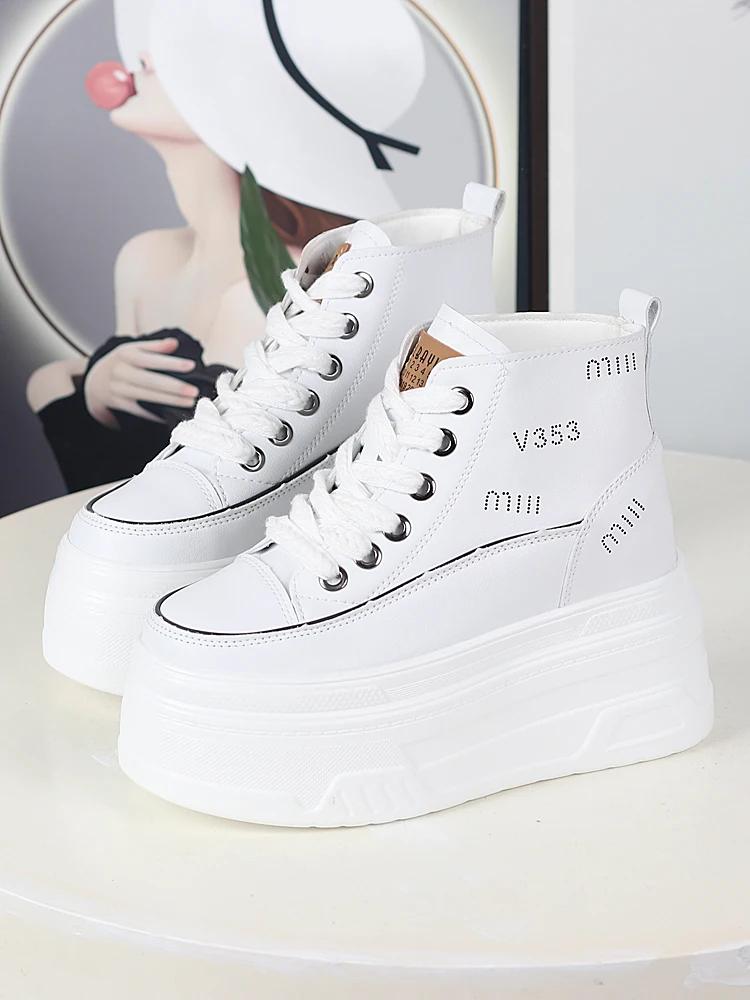 Fashion 12CM Genuine Leather Vulcanize Ankle Booties Women Chunky Sneaker Loafer High Brand Comfy Spring Autumn Platform Shoes