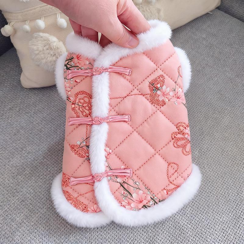 

Pet dog clothes, traditional Chinese floral style with button closures, autumn and winter thickened warm vest for Bichon Frise and Yorkshire Terrier S розовый