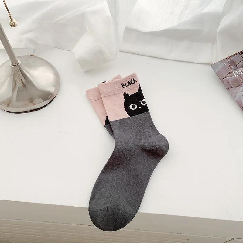 1 Pair Cartoon Cat Printed Kawaii Socks Women College Style School Girls Cute Socks Casual Harajuku Retro Middle Tube Socks