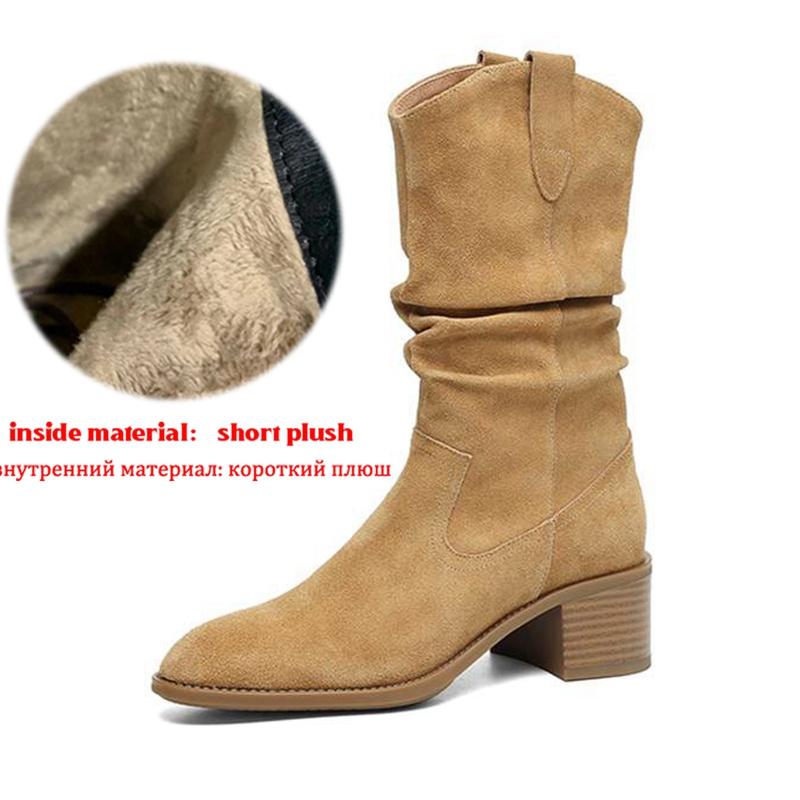 Krazing Pot Cow Suede Nubuck Winter Round Toe Modern Boots Med Heels Slip On Pleated Decoration Women Mid-calf Boots