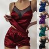 2-teiliges Pyjama-Set Sommer Damen Sexy Spitze Hohl Pyjama-Set Satin Elegant Ärmellos Shorts Nachtwäsche für Damen