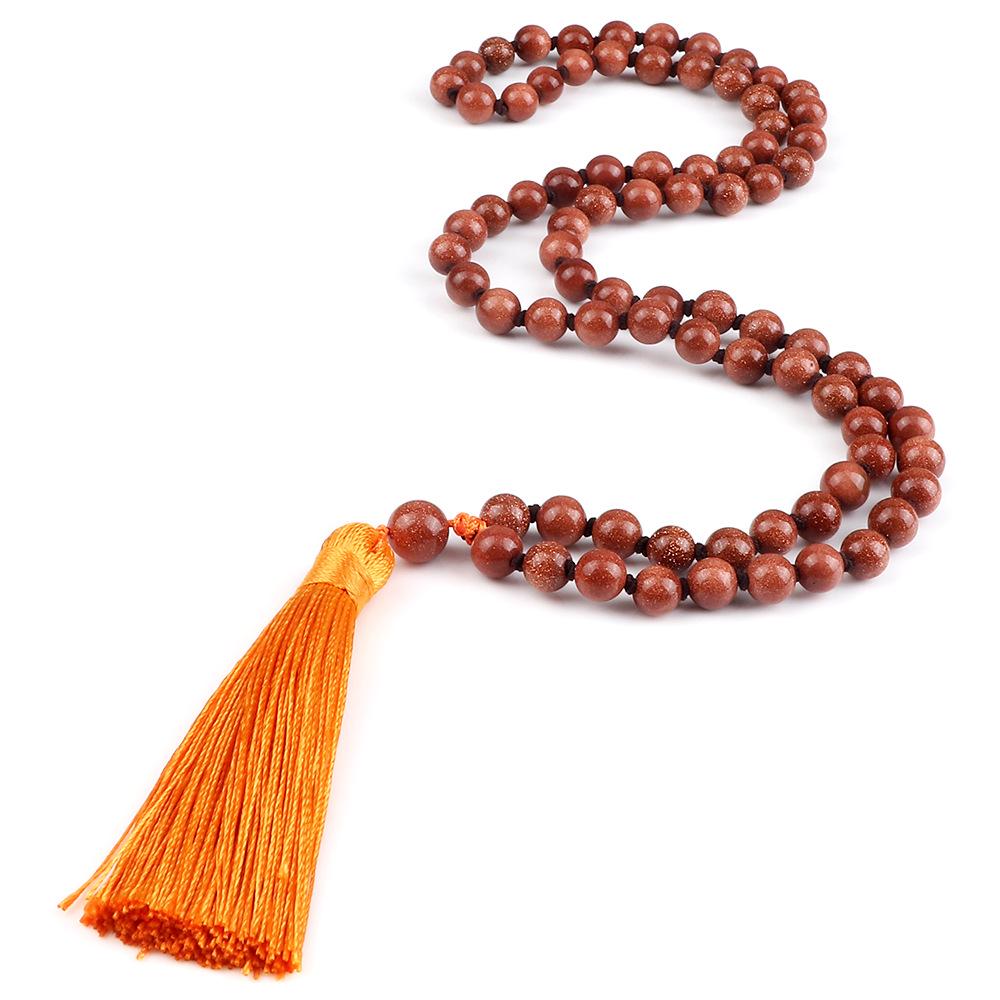 European 8mm Stone Bead Tassel Necklace and Multi-Strand Buddhist Bead Bracelet