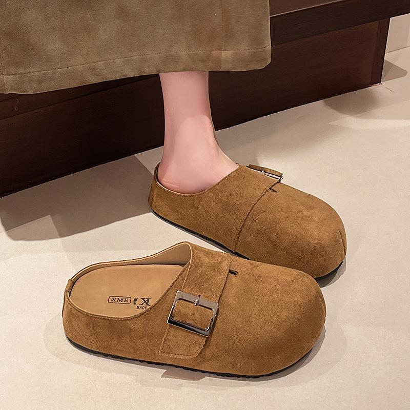 

Japanese retro thick-soled half-drag 2025 spring new fashionable soft-soled one-pedal bag head belt buckle versatile slippers 35 коричневий