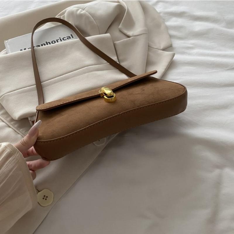 Vintage Faux Suede Shoulder Bags For Women Lock Decoration Small Underarm Bag Versatile Trendy Pillow Bags