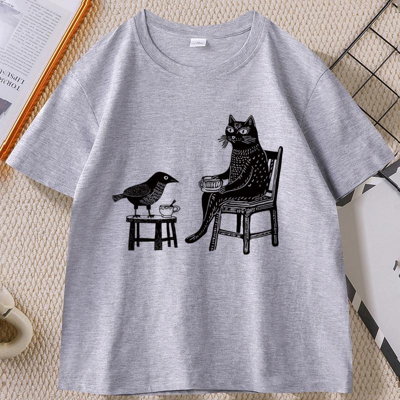 Coffee and Tea with Friends Graphic TShirt Unisex Women Funny Hipster Animal Drawing T Shirt Unique Cat Bird Tshirts Streetwear