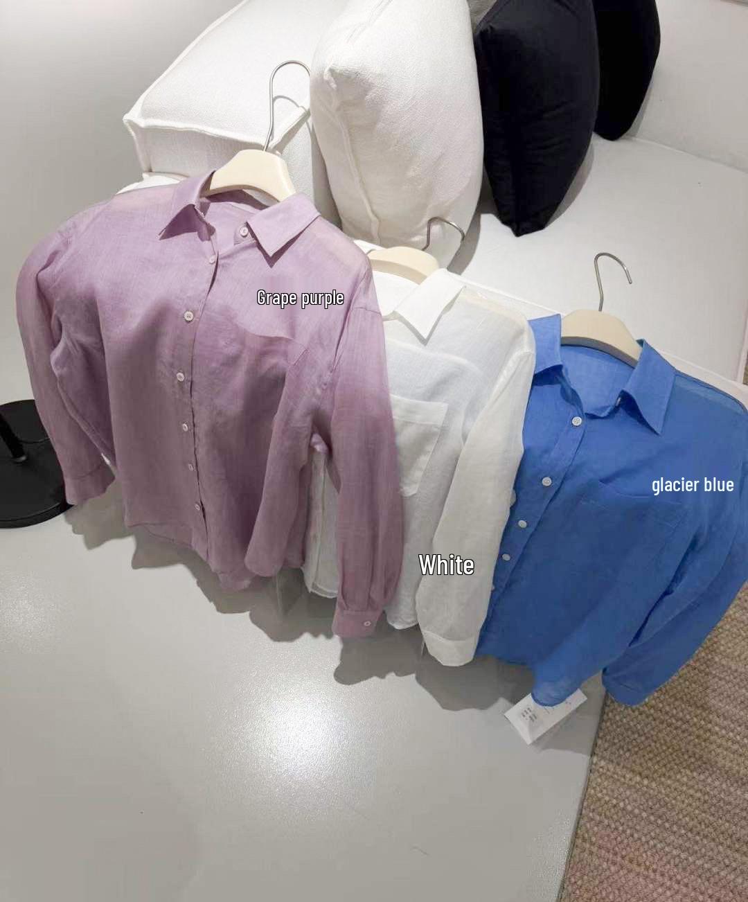 Shengdu Spring Resort 100% Ramie Blue Long Sleeve Shirt - French Old Money Style One Size фиолетовый