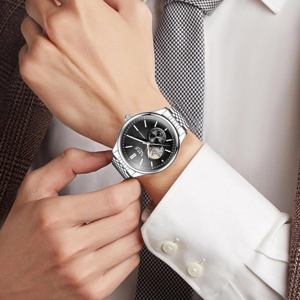 Men's Luxury Waterproof Automatic Mechanical Watch with Steel Band and Luminous Skeleton Design