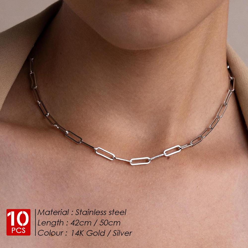 EMANCO 10PCS Paperclip Link Chain Women Necklace Stainless Steel Gold Color Necklace Link Chain Jewelry Hot Wholesale
