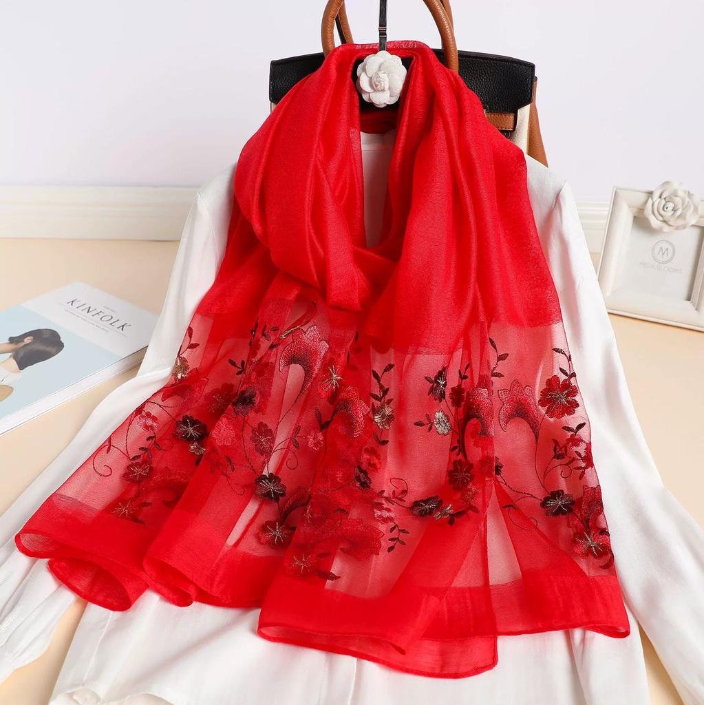 Silk Women Scarf Warm Wool Shawls Lady Wraps Floral Pashmina Embroidery Scarves Foulard Hijab New Long Female Hair Bandana