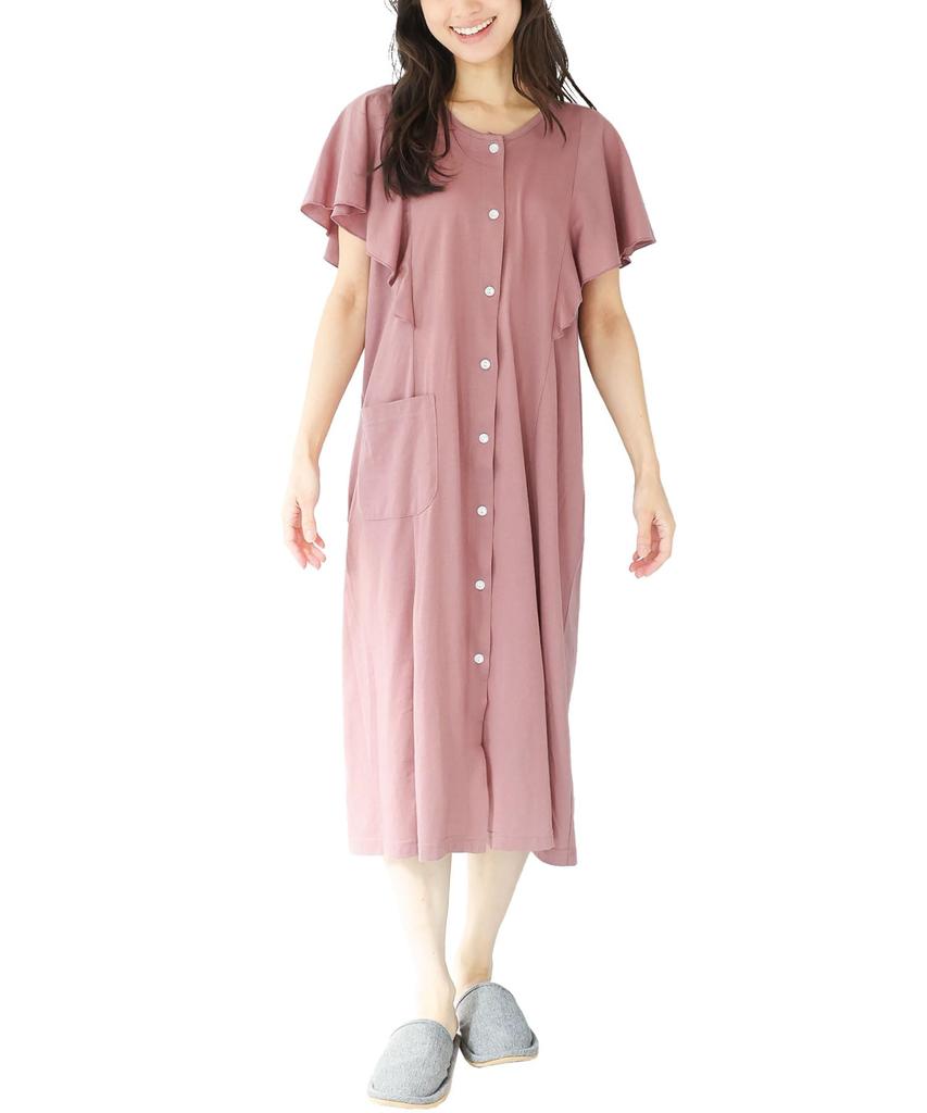 Nightgown Pajamas for Short Front Flared Long Cotton Jersey Room Loungewear [Nishiki] Women, Sleeve, Summer, One-Piece, Opening, Sleeves, Length,