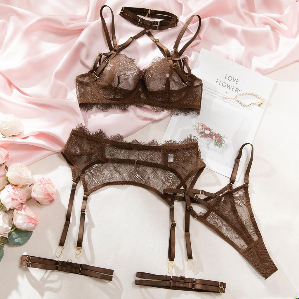 European and American Women’s Sexy Lingerie Set, Lace Eyelash Trim Sheer Cut-Out Halter Bra with Garter Belt, 4-Piece Erotic Intimate Wear