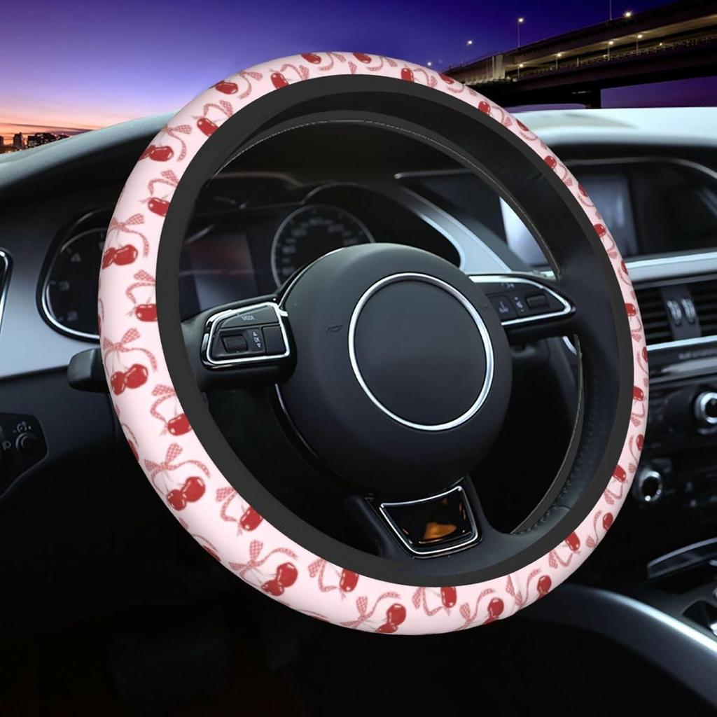 Pink Black Leopard Cheetah Print Steering Wheel Cover, Cute Anti-Slip Breathable Car Accessories Interior Elastic Steering Wheel Cover for Women Fit