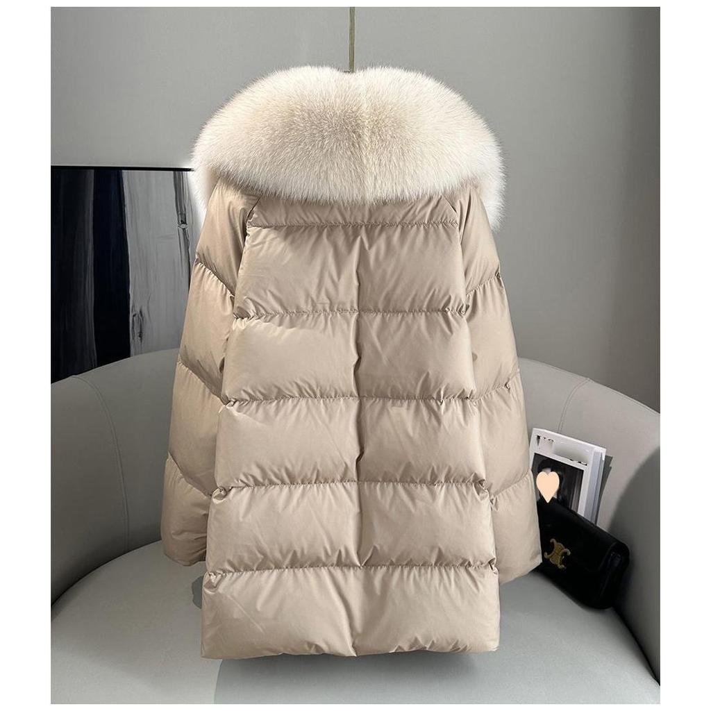 High End Faux Fox Fur Detachable Large Lapel Fur Down Jacket for Women Winter Medium Long Loose White Goose Down Coats