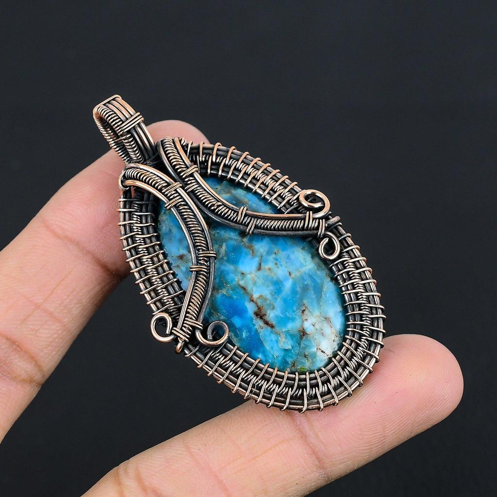 Neon Blue Apatite Gemstone Pendant 999 Copper Wire Wrapped Jewelry, Handmade Antique Pendant Jewelry, Gift For Mother