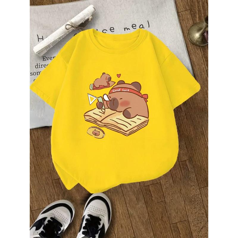 Kids Crewneck Short Sleeve Tee, Capybara Pufferfish Print Sports Casual Top