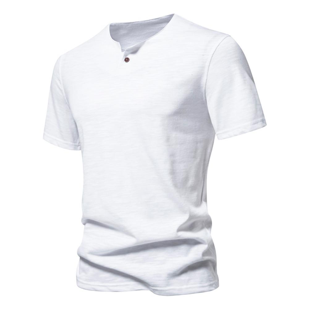 Slub Cotton T-shirt Sold Color Sigle Button V-neck Breathable Short-sleeve T Shirt Hawaiian Shirt Beach Tops Tees for Men