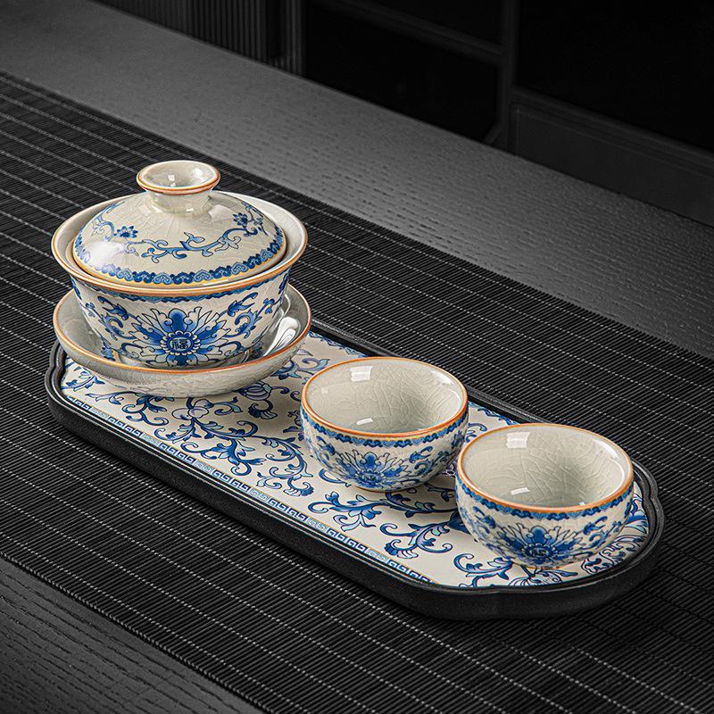 New Chinese Style Huangru Kiln Flower Teaware Sets with One Pot and Two Cups Tea Set and Dry Brewing Plate Tea Stand