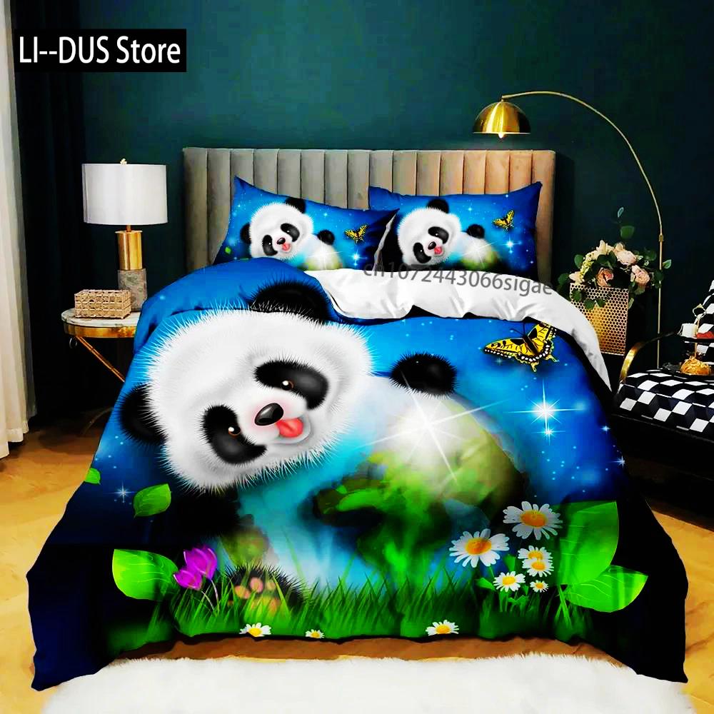 Panda Duvet Cover Cute Animal Bedding Set For Boys Girl Cartoon Giant Panda Polyester Comforter Cover Bear Printed Wildlife