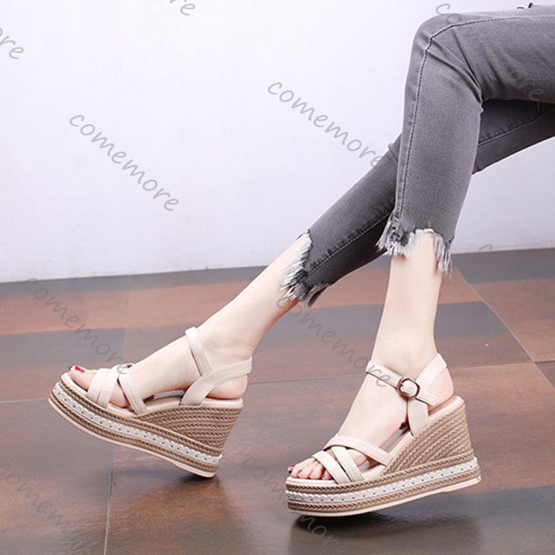 Fashion Comemore Wedges Sandals for Women 2025 Summer Platform 9cm High Heels Roman Style Black Peep Toe Casual Heeled Sandales Femmes