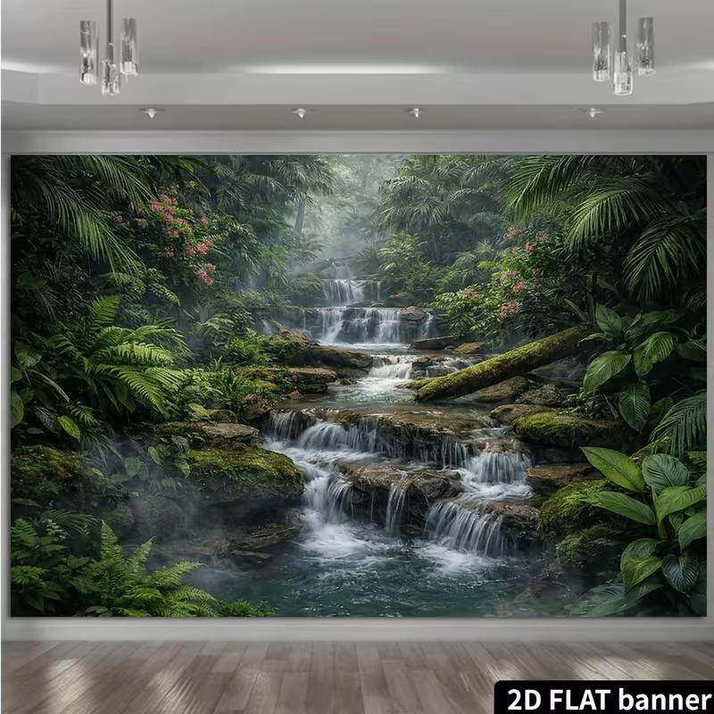 2D Tropical Jungle Banner with Palm Trees and Ferns Photo Booth Background Cloth