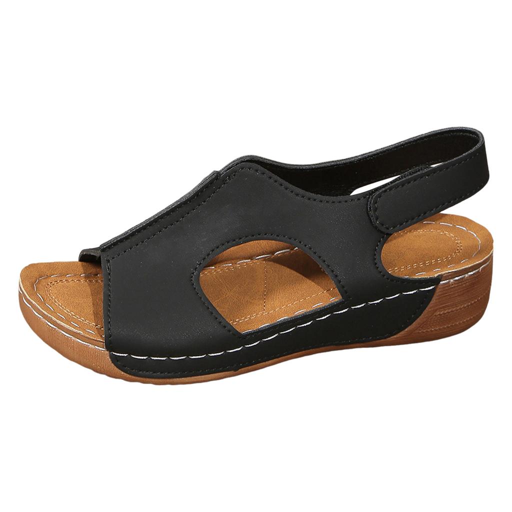 Clog Sandals For Women Leather Ladies Summer Retro Solid Colour Leather Slope Heel Thick Bottom Large Size Fish Sandalias Mujer