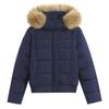Women's Dark Blue Retro Winter Fur Collar Hooded Short Cotton Coat