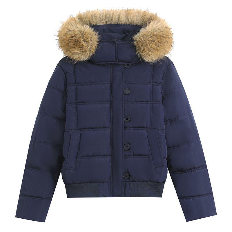 Women's Dark Blue Retro Winter Fur Collar Hooded Short Cotton Coat