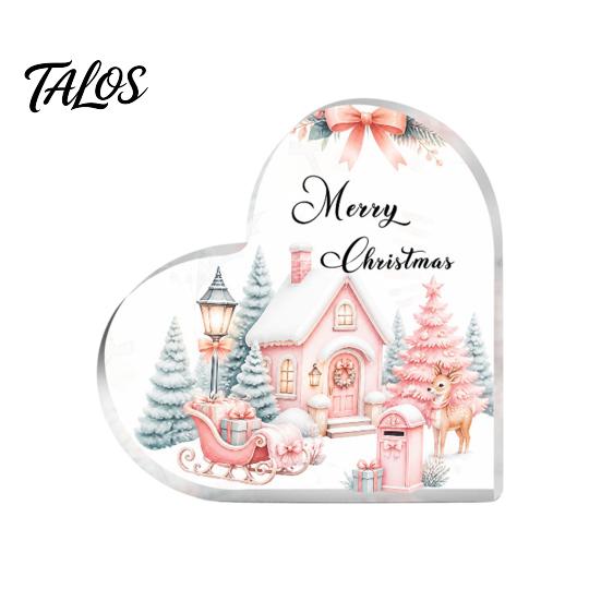 Romantic Christmas Gifts Heart Shaped Acrylic Tabletop Sign, 2D Winter Snow Scene Desktop Ornament Holiday Centerpieces with Santa, Snowman